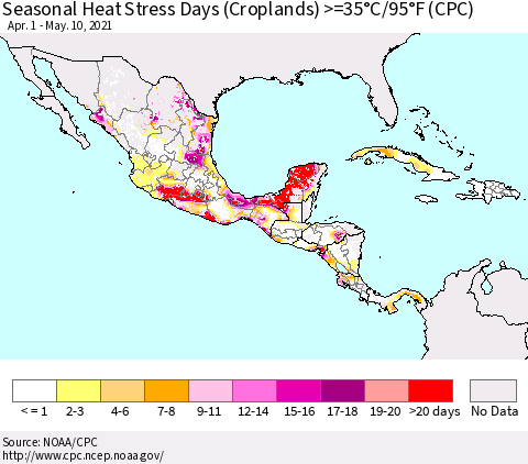 Mexico Central America and the Caribbean Seasonal Heat Stress Days (Croplands) >=35°C/95°F (CPC) Thematic Map For 4/1/2021 - 5/10/2021