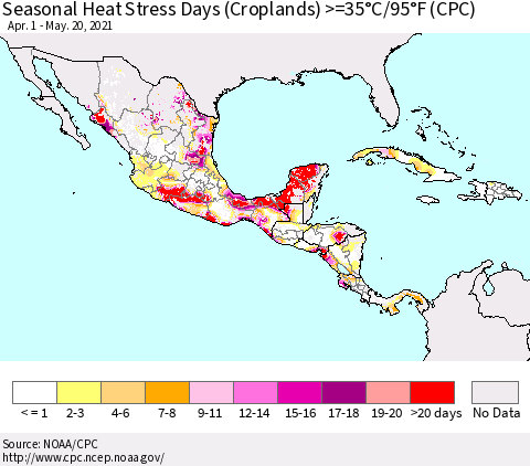 Mexico Central America and the Caribbean Seasonal Heat Stress Days (Croplands) >=35°C/95°F (CPC) Thematic Map For 4/1/2021 - 5/20/2021