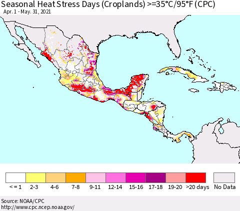 Mexico Central America and the Caribbean Seasonal Heat Stress Days (Croplands) >=35°C/95°F (CPC) Thematic Map For 4/1/2021 - 5/31/2021