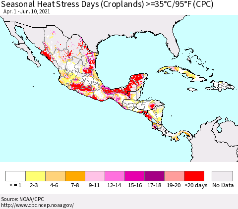 Mexico Central America and the Caribbean Seasonal Heat Stress Days (Croplands) >=35°C/95°F (CPC) Thematic Map For 4/1/2021 - 6/10/2021