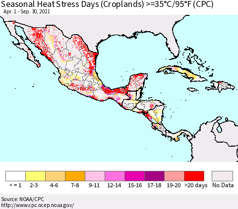 Mexico Central America and the Caribbean Seasonal Heat Stress Days (Croplands) >=35°C/95°F (CPC) Thematic Map For 4/1/2021 - 9/30/2021