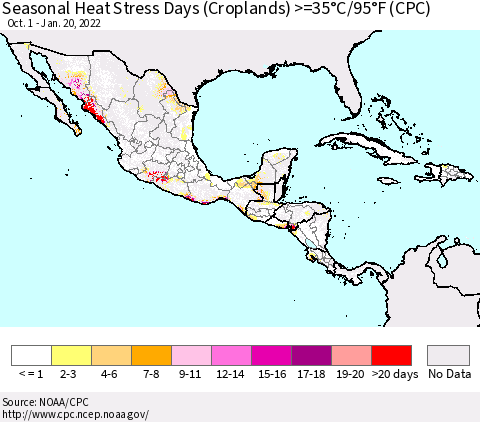 Mexico Central America and the Caribbean Seasonal Heat Stress Days (Croplands) >=35°C/95°F (CPC) Thematic Map For 10/1/2021 - 1/20/2022