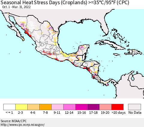 Mexico Central America and the Caribbean Seasonal Heat Stress Days (Croplands) >=35°C/95°F (CPC) Thematic Map For 10/1/2021 - 3/31/2022