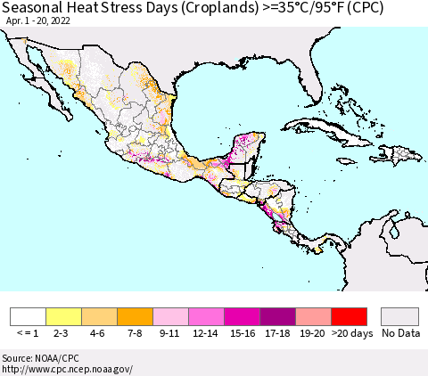 Mexico Central America and the Caribbean Seasonal Heat Stress Days (Croplands) >=35°C/95°F (CPC) Thematic Map For 4/1/2022 - 4/20/2022