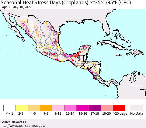 Mexico Central America and the Caribbean Seasonal Heat Stress Days (Croplands) >=35°C/95°F (CPC) Thematic Map For 4/1/2022 - 5/10/2022