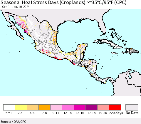 Mexico Central America and the Caribbean Seasonal Heat Stress Days (Croplands) >=35°C/95°F (CPC) Thematic Map For 10/1/2023 - 1/10/2024