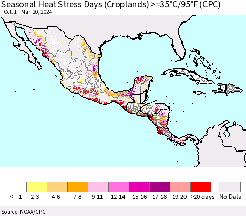 Mexico Central America and the Caribbean Seasonal Heat Stress Days (Croplands) >=35°C/95°F (CPC) Thematic Map For 10/1/2023 - 3/20/2024
