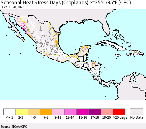 Mexico Central America and the Caribbean Seasonal Heat Stress Days (Croplands) >=35°C/95°F (CPC) Thematic Map For 10/1/2023 - 10/20/2023