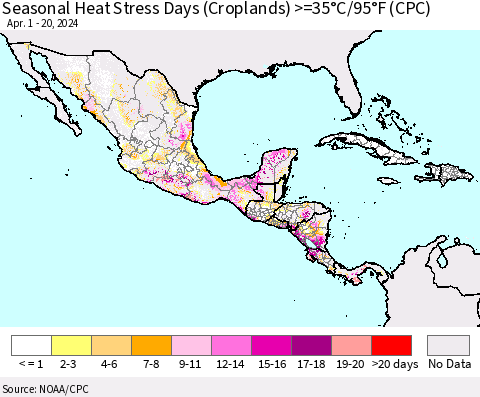 Mexico Central America and the Caribbean Seasonal Heat Stress Days (Croplands) >=35°C/95°F (CPC) Thematic Map For 4/1/2024 - 4/20/2024