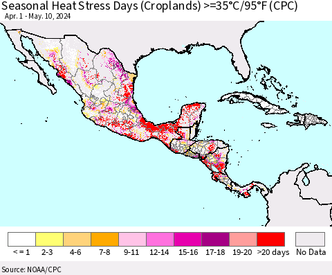 Mexico Central America and the Caribbean Seasonal Heat Stress Days (Croplands) >=35°C/95°F (CPC) Thematic Map For 4/1/2024 - 5/10/2024