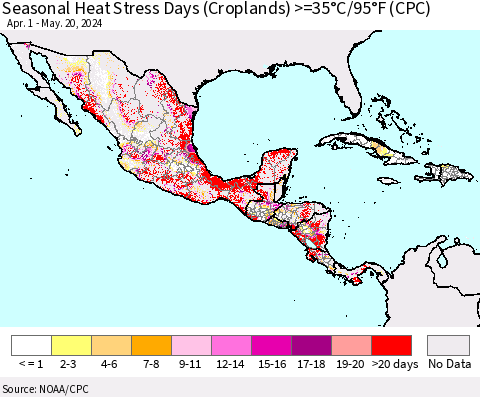 Mexico Central America and the Caribbean Seasonal Heat Stress Days (Croplands) >=35°C/95°F (CPC) Thematic Map For 4/1/2024 - 5/20/2024