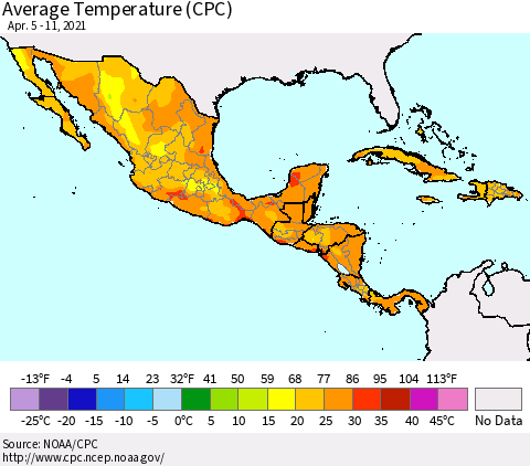 Mexico Central America and the Caribbean Average Temperature (CPC) Thematic Map For 4/5/2021 - 4/11/2021