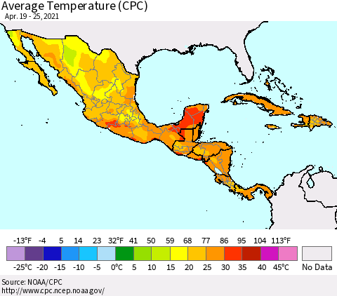 Mexico Central America and the Caribbean Average Temperature (CPC) Thematic Map For 4/19/2021 - 4/25/2021