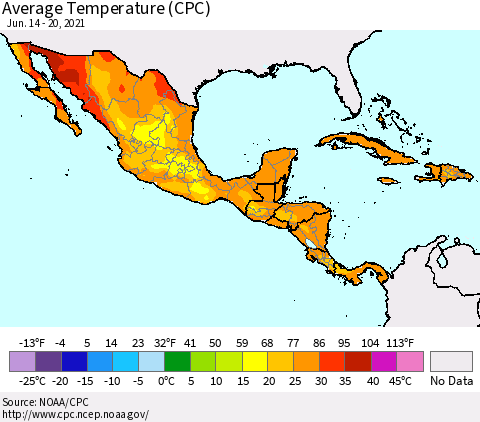 Mexico Central America and the Caribbean Average Temperature (CPC) Thematic Map For 6/14/2021 - 6/20/2021