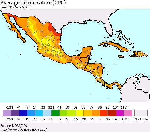 Mexico Central America and the Caribbean Average Temperature (CPC) Thematic Map For 8/30/2021 - 9/5/2021