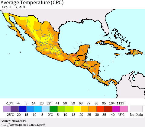 Mexico Central America and the Caribbean Average Temperature (CPC) Thematic Map For 10/11/2021 - 10/17/2021