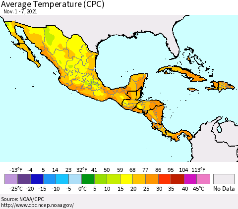 Mexico Central America and the Caribbean Average Temperature (CPC) Thematic Map For 11/1/2021 - 11/7/2021