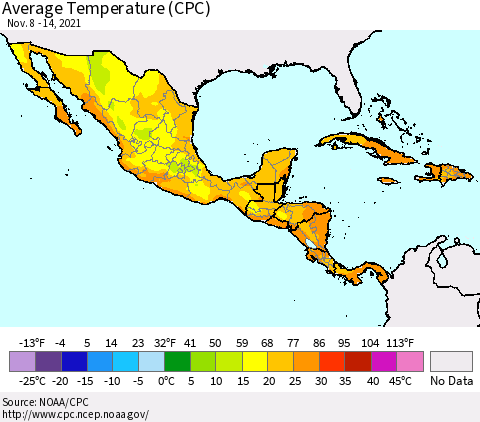 Mexico Central America and the Caribbean Average Temperature (CPC) Thematic Map For 11/8/2021 - 11/14/2021