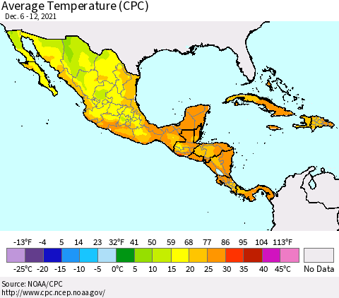 Mexico Central America and the Caribbean Average Temperature (CPC) Thematic Map For 12/6/2021 - 12/12/2021
