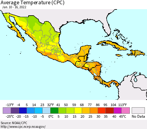 Mexico Central America and the Caribbean Average Temperature (CPC) Thematic Map For 1/10/2022 - 1/16/2022