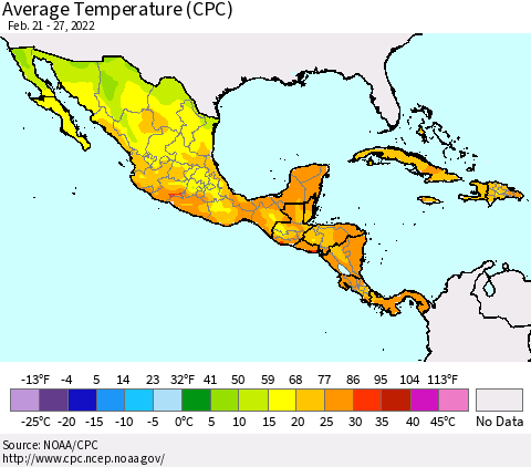 Mexico Central America and the Caribbean Average Temperature (CPC) Thematic Map For 2/21/2022 - 2/27/2022