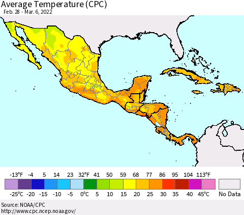 Mexico Central America and the Caribbean Average Temperature (CPC) Thematic Map For 2/28/2022 - 3/6/2022