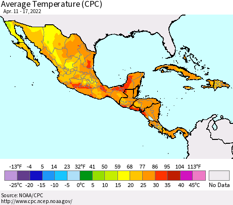Mexico Central America and the Caribbean Average Temperature (CPC) Thematic Map For 4/11/2022 - 4/17/2022