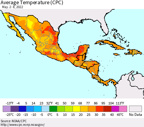 Mexico Central America and the Caribbean Average Temperature (CPC) Thematic Map For 5/2/2022 - 5/8/2022