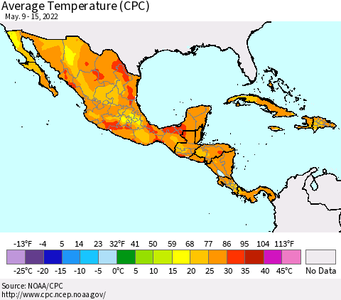 Mexico Central America and the Caribbean Average Temperature (CPC) Thematic Map For 5/9/2022 - 5/15/2022