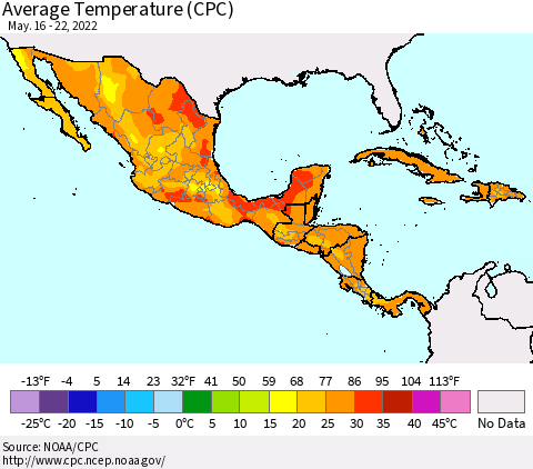 Mexico Central America and the Caribbean Average Temperature (CPC) Thematic Map For 5/16/2022 - 5/22/2022