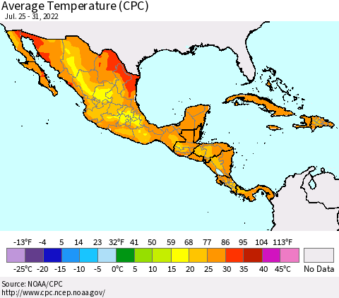 Mexico Central America and the Caribbean Average Temperature (CPC) Thematic Map For 7/25/2022 - 7/31/2022