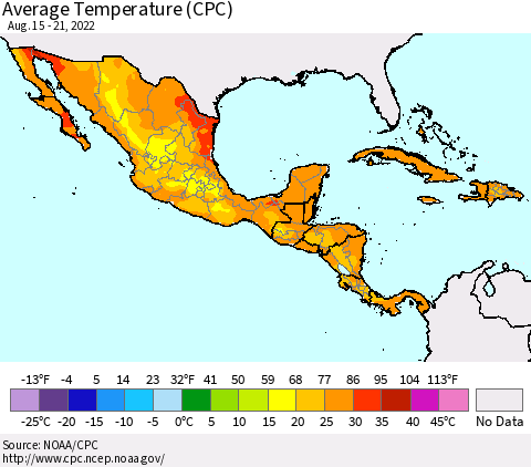 Mexico Central America and the Caribbean Average Temperature (CPC) Thematic Map For 8/15/2022 - 8/21/2022