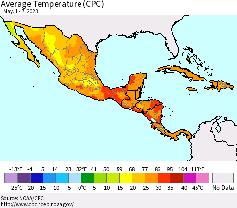 Mexico Central America and the Caribbean Average Temperature (CPC) Thematic Map For 5/1/2023 - 5/7/2023