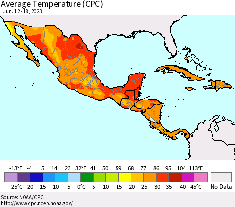 Mexico Central America and the Caribbean Average Temperature (CPC) Thematic Map For 6/12/2023 - 6/18/2023
