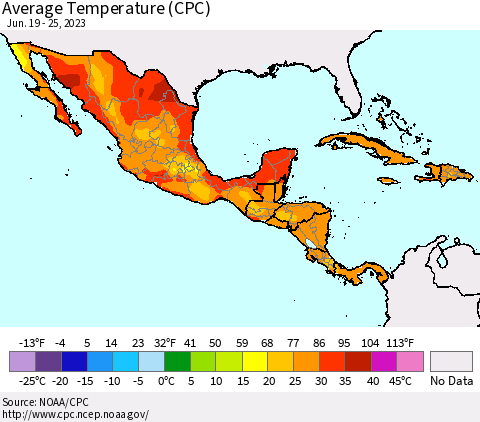 Mexico Central America and the Caribbean Average Temperature (CPC) Thematic Map For 6/19/2023 - 6/25/2023