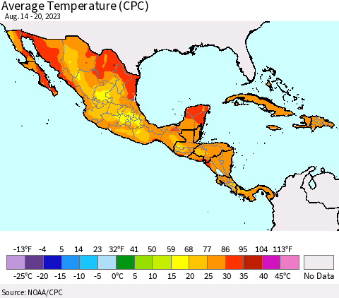 Mexico Central America and the Caribbean Average Temperature (CPC) Thematic Map For 8/14/2023 - 8/20/2023