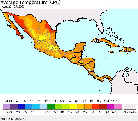 Mexico Central America and the Caribbean Average Temperature (CPC) Thematic Map For 8/21/2023 - 8/27/2023