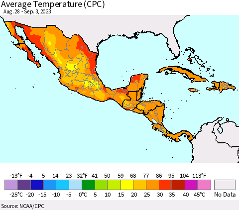 Mexico Central America and the Caribbean Average Temperature (CPC) Thematic Map For 8/28/2023 - 9/3/2023