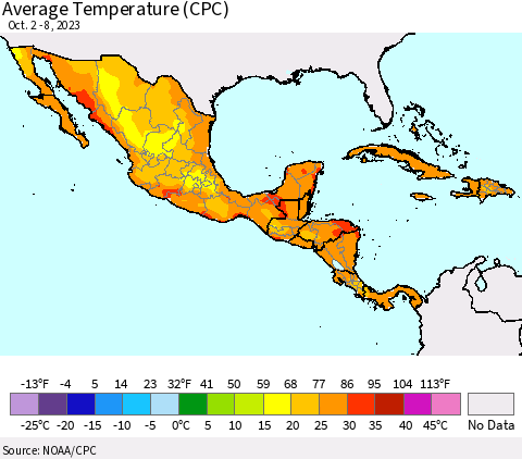 Mexico Central America and the Caribbean Average Temperature (CPC) Thematic Map For 10/2/2023 - 10/8/2023