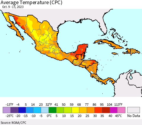 Mexico Central America and the Caribbean Average Temperature (CPC) Thematic Map For 10/9/2023 - 10/15/2023