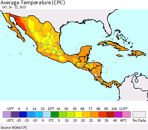 Mexico Central America and the Caribbean Average Temperature (CPC) Thematic Map For 10/16/2023 - 10/22/2023