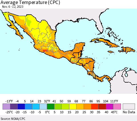 Mexico Central America and the Caribbean Average Temperature (CPC) Thematic Map For 11/6/2023 - 11/12/2023
