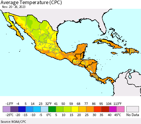Mexico Central America and the Caribbean Average Temperature (CPC) Thematic Map For 11/20/2023 - 11/26/2023