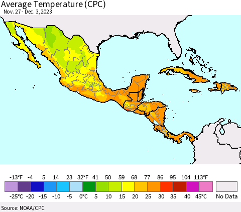 Mexico Central America and the Caribbean Average Temperature (CPC) Thematic Map For 11/27/2023 - 12/3/2023