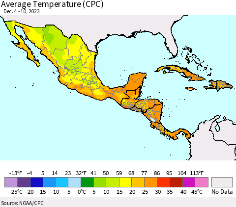 Mexico Central America and the Caribbean Average Temperature (CPC) Thematic Map For 12/4/2023 - 12/10/2023
