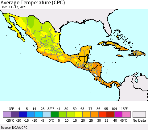 Mexico Central America and the Caribbean Average Temperature (CPC) Thematic Map For 12/11/2023 - 12/17/2023