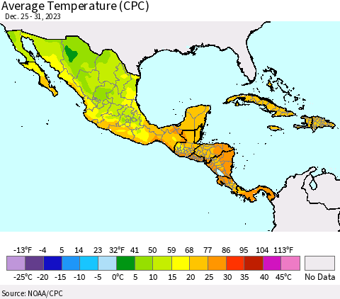 Mexico Central America and the Caribbean Average Temperature (CPC) Thematic Map For 12/25/2023 - 12/31/2023