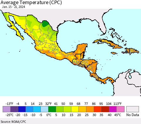 Mexico Central America and the Caribbean Average Temperature (CPC) Thematic Map For 1/15/2024 - 1/21/2024