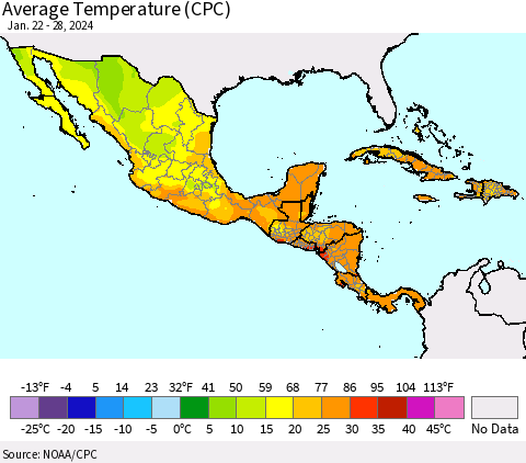 Mexico Central America and the Caribbean Average Temperature (CPC) Thematic Map For 1/22/2024 - 1/28/2024