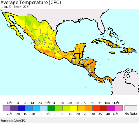 Mexico Central America and the Caribbean Average Temperature (CPC) Thematic Map For 1/29/2024 - 2/4/2024